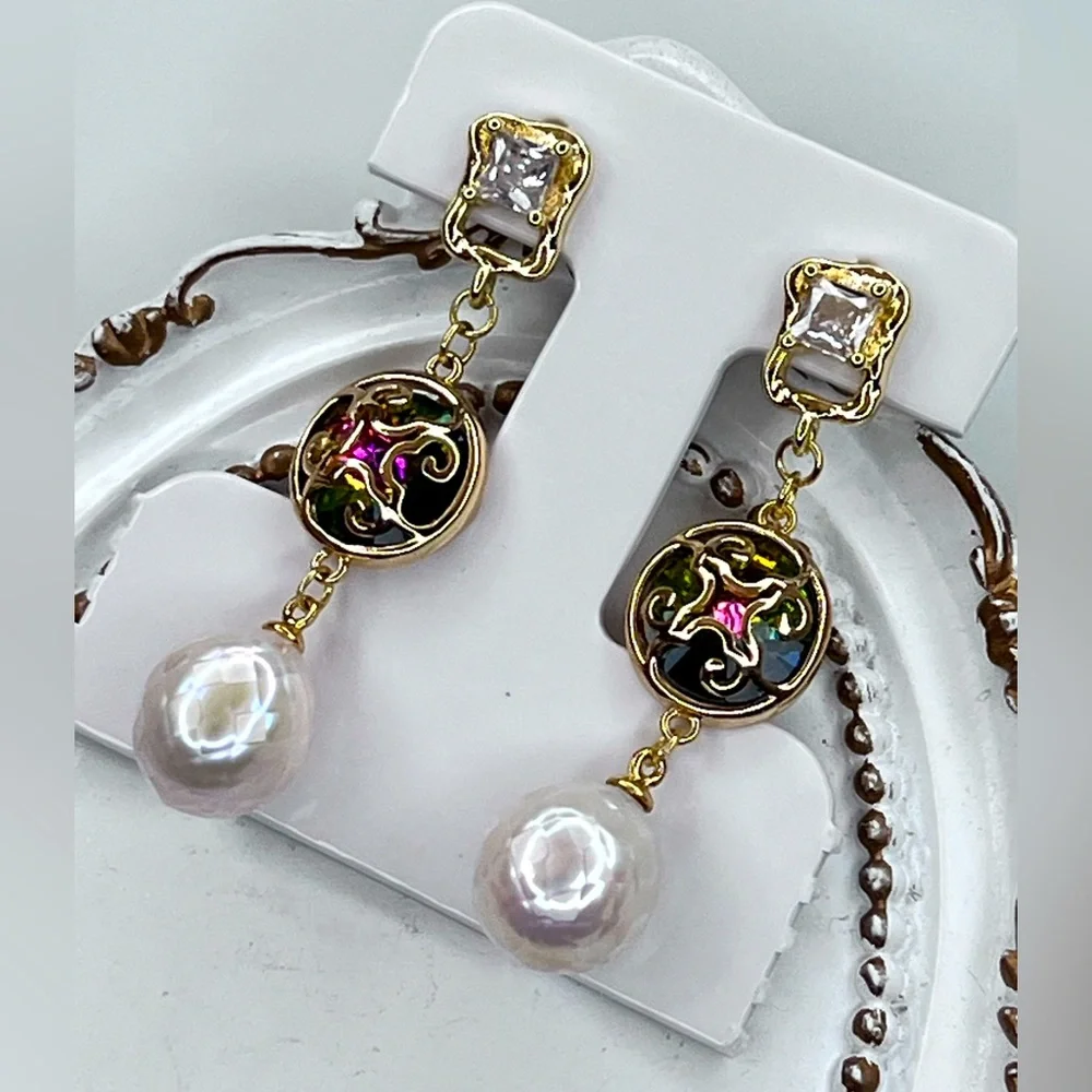 Handmade Freshwater Carved Edison Pearl Crystal S925 SS Posts Earrings - Picture 2 of 3